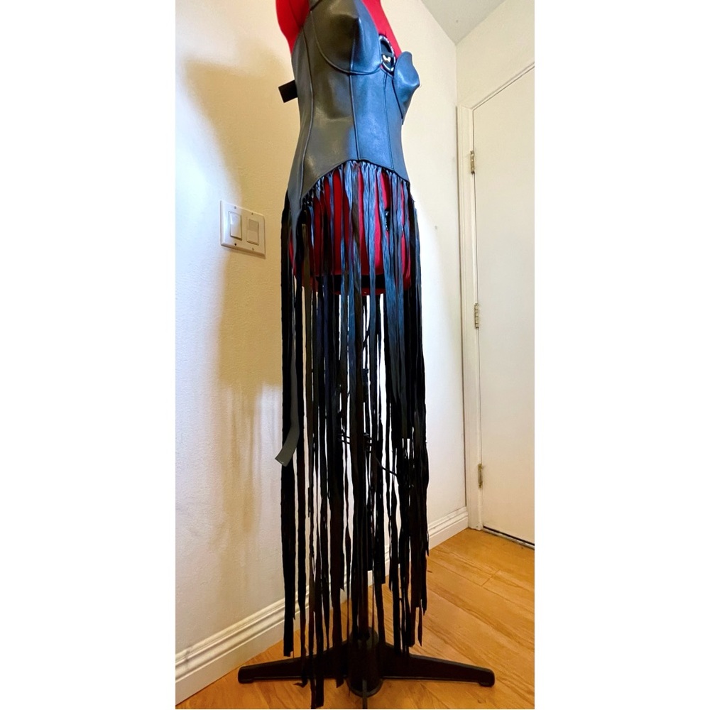 Dolls Kill Kiki Riki faux leather corset dress with floor length fringe & belt M